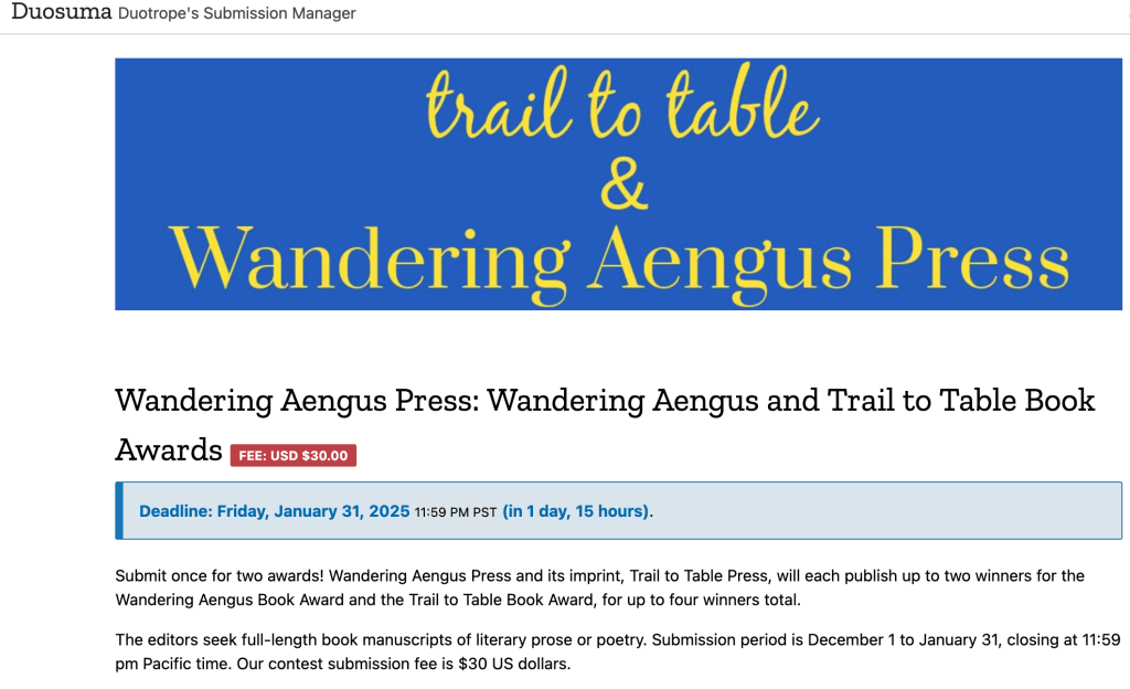 Screenshot of Duosuma Submission Manager showing trail to table and Wandering Angus Press Book Awards submission