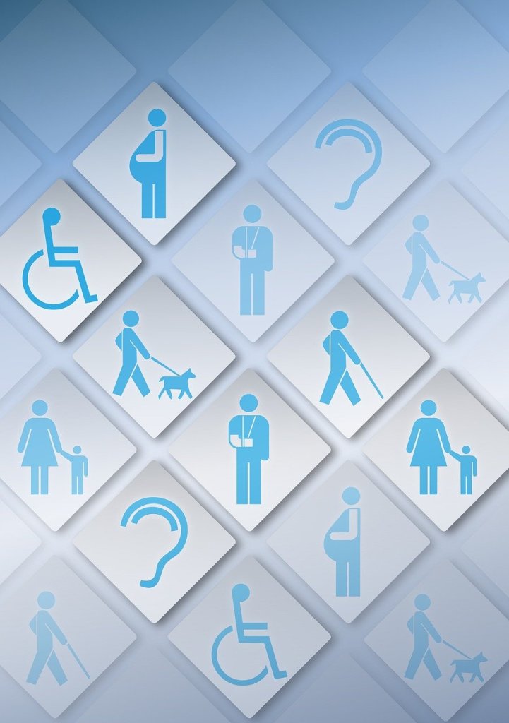 array of accessibility icons, including wheelchairs, canes, guide dogs, pregnant people, and question marks for less apparent disabilities