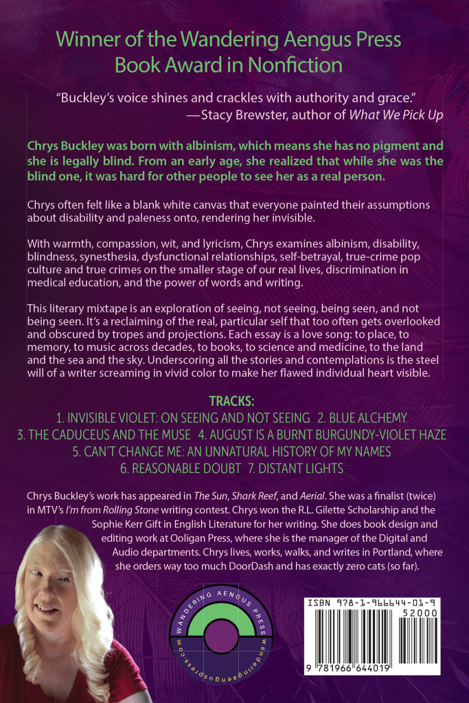 Back cover of Invisible Violets on a textured purple background